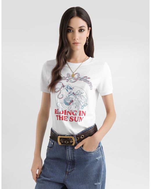 Dolce & Gabbana White Jersey T-Shirt With Print And Embroidery
