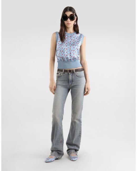 Dolce & Gabbana Blue Small Rose-Print Silk Tank Top