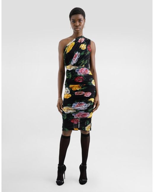 Dolce & Gabbana White Longuette-Kleid Im One-Shoulder-Stil Aus Tüll Pfingstrosen- Und Rosenprint