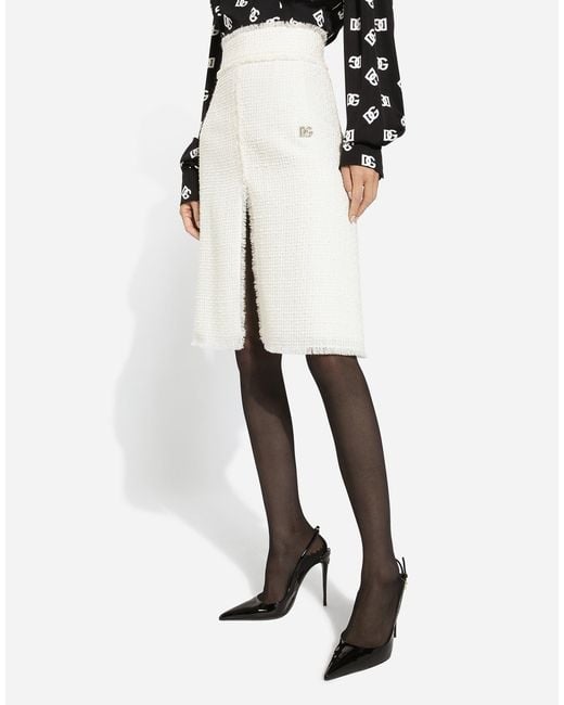 Dolce & Gabbana White Raschel Tweed Midi Skirt With Central Slit