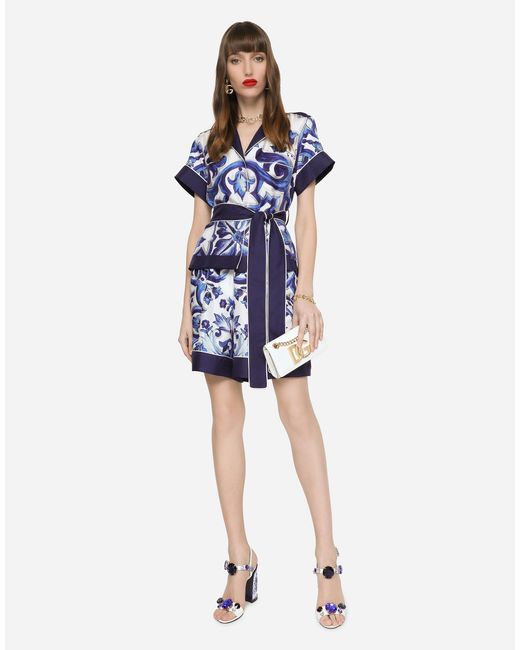 Dolce & Gabbana Blue Pyjamashorts Aus Twill Majolika-Print