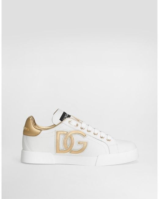 Dolce & Gabbana White Calfskin Portofino Sneakers With Dg Logo