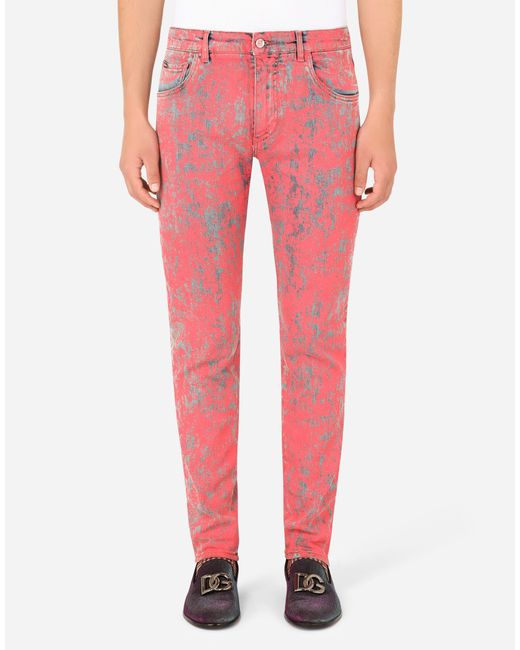 Dolce & Gabbana Pink Slim-fit Stretch Jeans With Marbled Print for men
