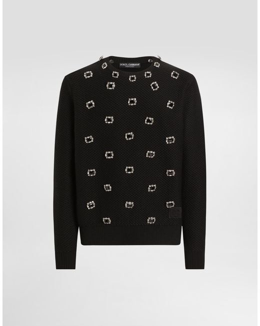 Dolce & Gabbana Black Wool Round-Neck Sweater With Embroidery And Bejeweled Buttons for men