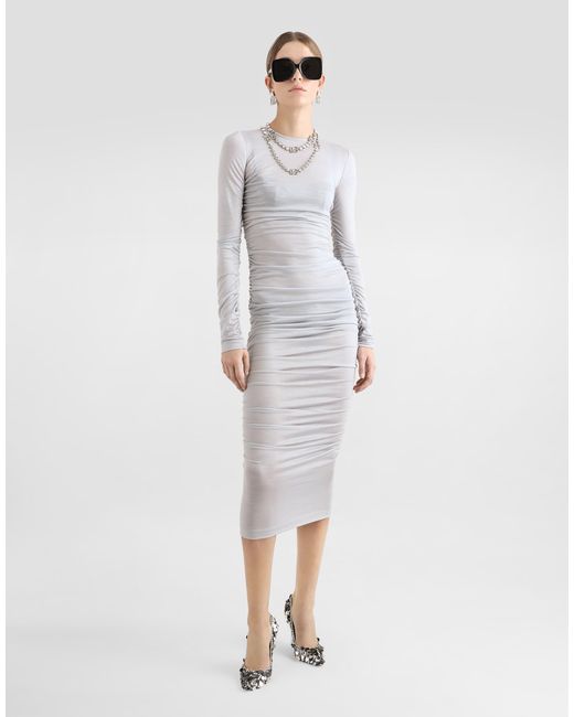 Dolce & Gabbana Gray Draped Wool Jersey Calf-Length Dress