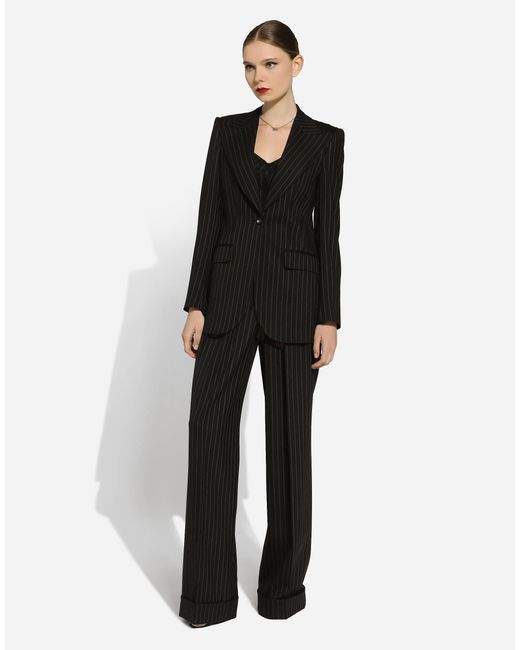 Dolce & Gabbana Black Ausgestellte Nadelstreifenhose Aus Wolle