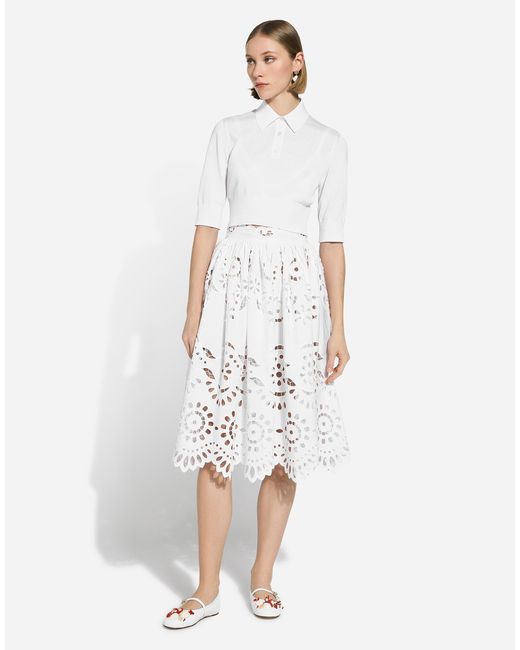 Dolce & Gabbana White Cotton Midi Circle Skirt With Cut-Out Detailing