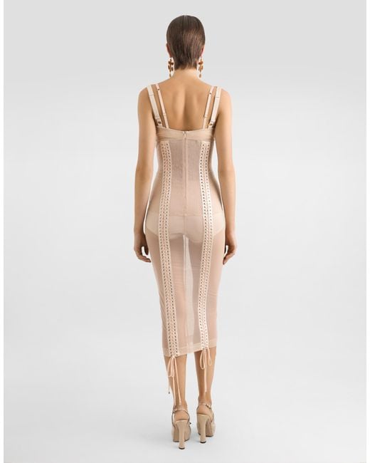 Dolce & Gabbana White Light Tulle Calf-Length Slip Dress With Corset Details
