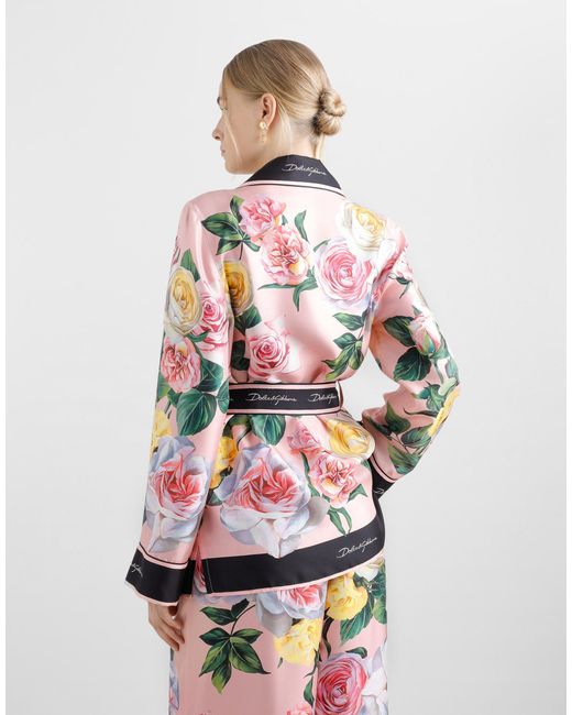 Dolce & Gabbana Multicolor Pyjamabluse Aus Twill Pfingstrosen- Und Rosenprint