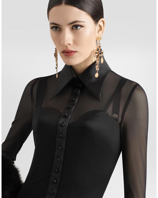 Dolce & Gabbana Black Tulle Shirt Dress With Satin Details
