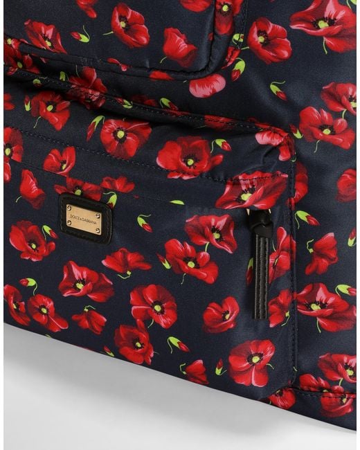Dolce & Gabbana Red Poppy-Print Nylon Backpack