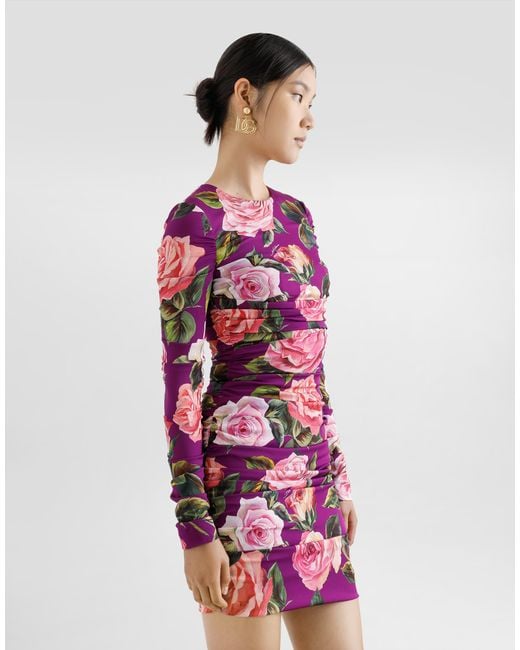 Dolce & Gabbana Pink Charmeuse Midi Sheath Dress With Draping And Rose