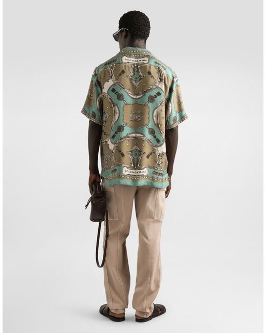 Dolce & Gabbana Green Cargo-Print Hawaii Washed Silk Twill Shirt for men