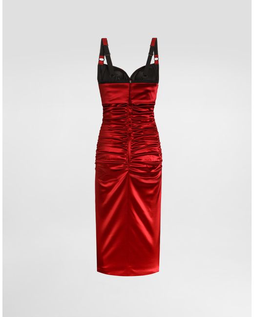 Dolce & Gabbana Red Draped Satin Calf-Length Dress With Conical Cups