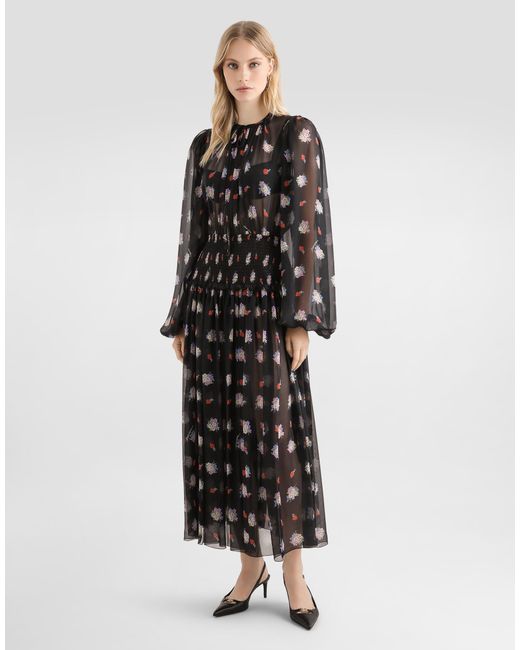 Dolce & Gabbana Black Small Floral-Print Long Chiffon Dress