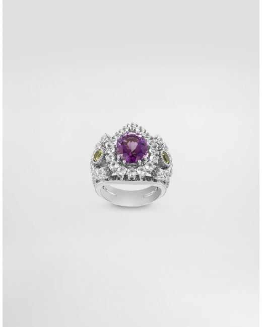 Dolce & Gabbana White Eleganza Ring 18-Carat, Amethyst, Peridots, And Sapphires