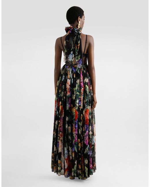 Dolce & Gabbana White Langes Kleid Aus Chiffon Mit Blumenbouquet-Print