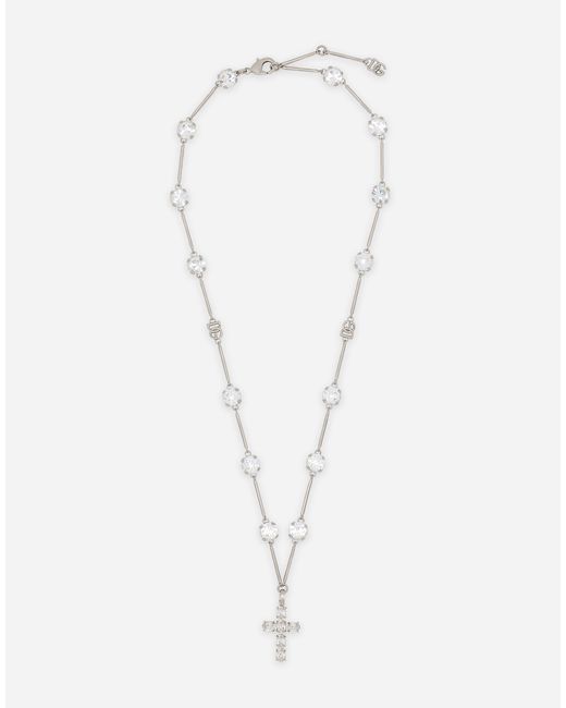 Dolce & Gabbana White Rosary-Style Necklace With Rhinestone-Detailed Crosses