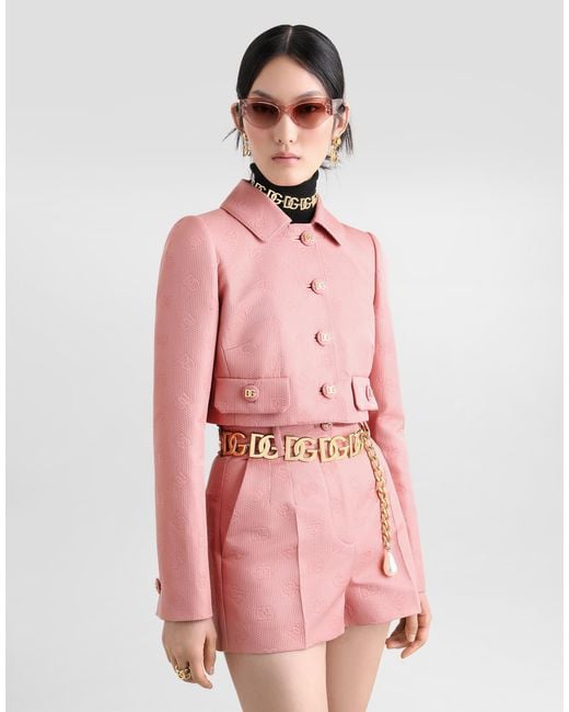 Short Quilted Jacquard Jacket With All-Over Dg Logo Dolce & Gabbana de color Pink