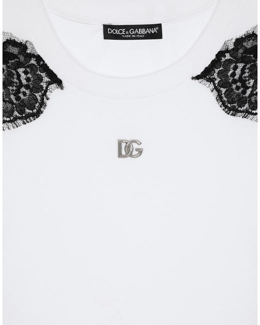 Dolce & Gabbana White T-Shirt Aus Jersey Mit Einsätzen Aus Spitze Und Dg-Logo
