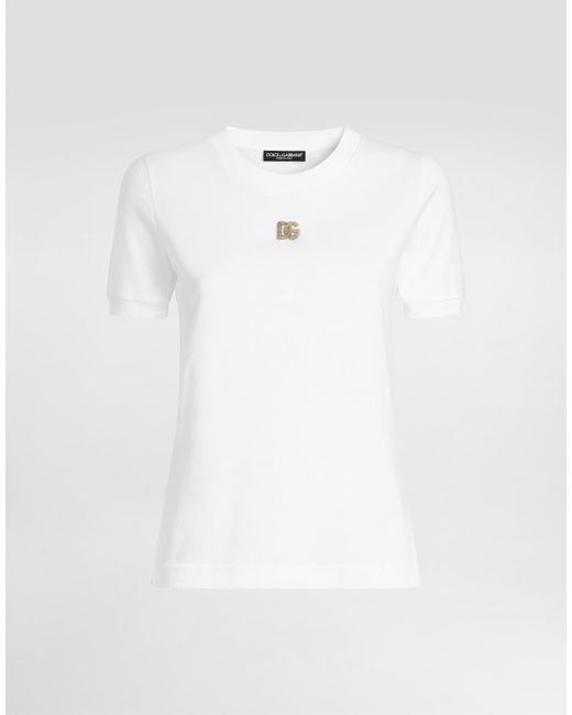 Dolce & Gabbana White Jersey T-Shirt With Metal Dg Pin Logo