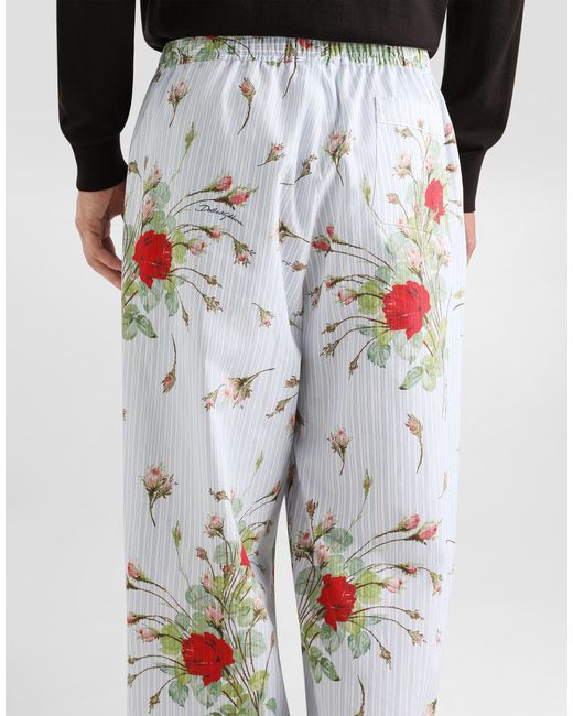 Dolce & Gabbana White Small Rose-Print Poplin Vanity Trousers for men