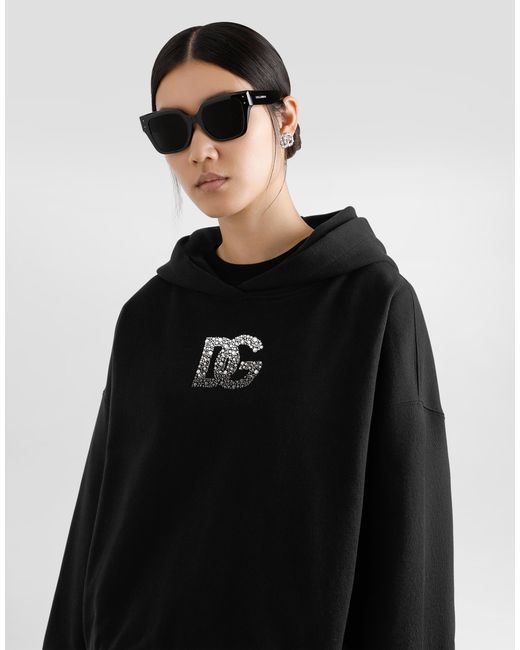 Dolce & Gabbana Black Jersey Hoodie With Rhinestone-Detailed Dg Embellishment