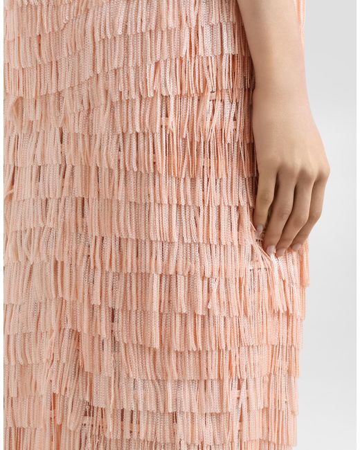 Dolce & Gabbana Pink Sequined Midi Skirt With Fringed Embellishment