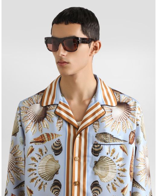 Dolce & Gabbana Blue Silk Shirt With Shell Motif for men