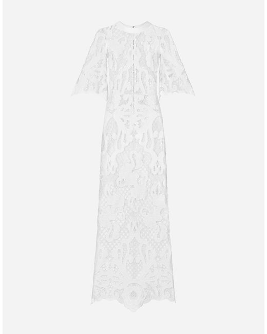 Dolce & Gabbana White Long Dress With Openwork Embroidery