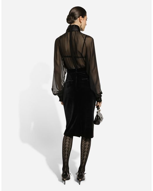 Dolce & Gabbana Black Velvet Midi Pencil Skirt