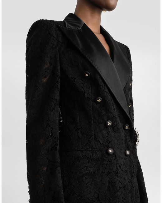 Dolce & Gabbana Black Double-Breasted Branded Floral Cordonetto Lace Turlington-Fit Jacket