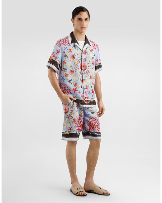 Dolce & Gabbana White Shell-Print Linen Canvas Trousers for men