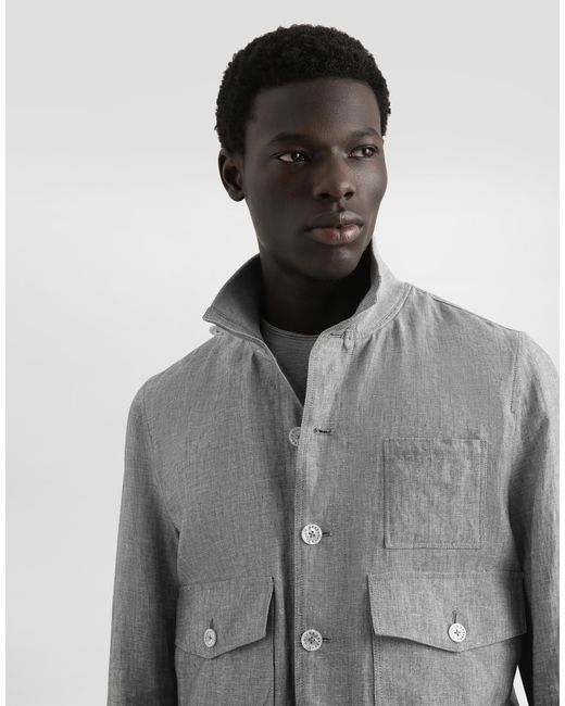 Dolce & Gabbana Gray Linen Canvas Blouse Jacket With Knit Collar for men