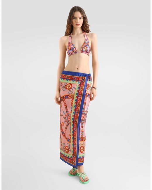 Dolce & Gabbana Red Carretto-Print Triangle Bikini