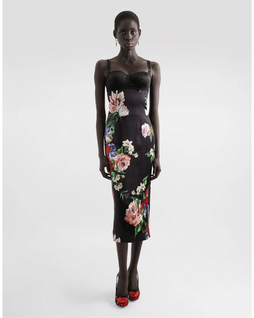 Dolce & Gabbana White Slip Dress Mit Bh-Detail Aus Satin Blumenprint