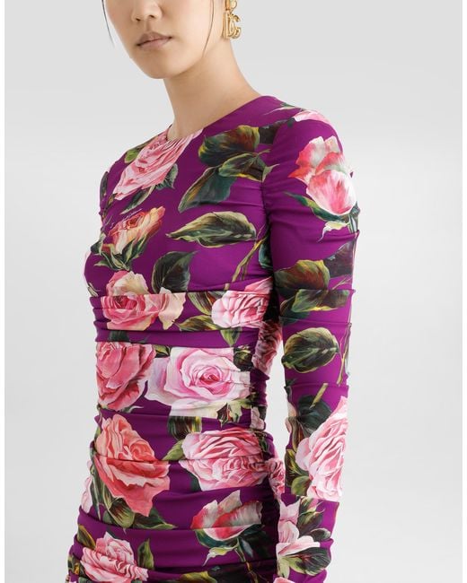 Dolce & Gabbana Pink Charmeuse Midi Sheath Dress With Draping And Rose