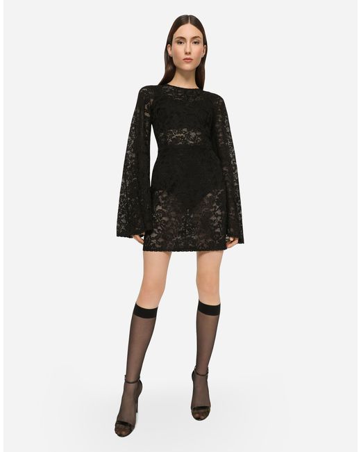 Dolce & Gabbana Black Short Lace-Stitch Dress With Full Sleeves