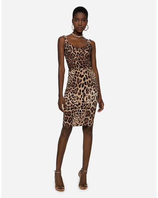 Dolce & Gabbana Brown Leopard-Print Cady Corset-Style Midi Dress