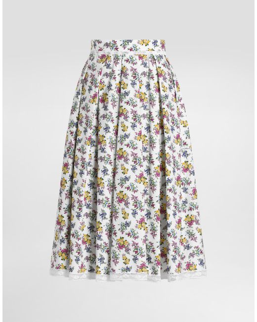 Dolce & Gabbana White Small Floral-Print Poplin Skirt