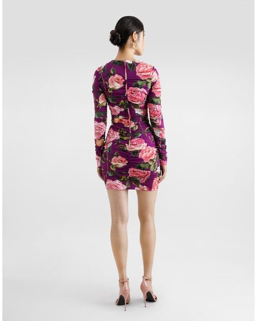 Dolce & Gabbana Pink Charmeuse Midi Sheath Dress With Draping And Rose