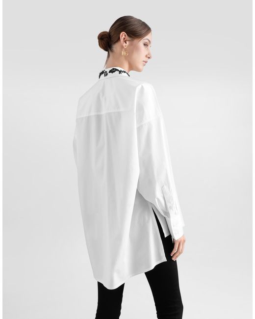 Dolce & Gabbana White Oversize Cotton Poplin Shirt With Lace Appliqués