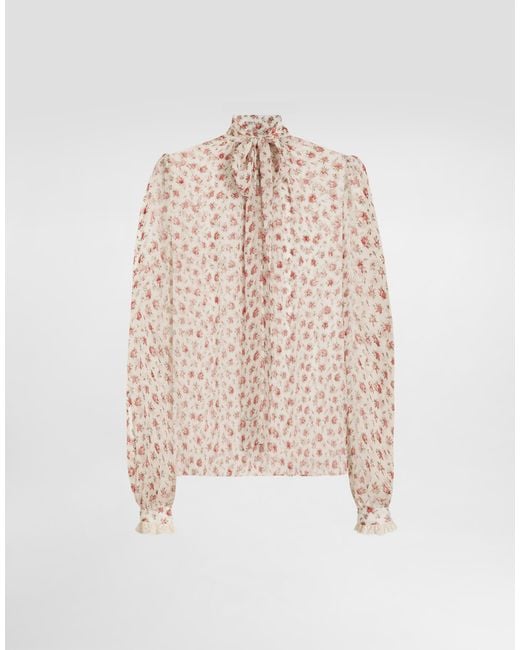Dolce & Gabbana White Small Rose-Print Chiffon Top