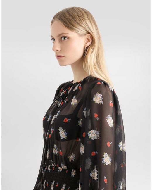Dolce & Gabbana Black Small Floral-Print Long Chiffon Dress