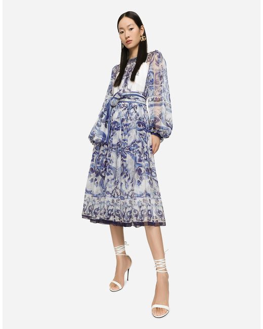 Dolce & Gabbana Blue Majolica Print Chiffon Midi Dress