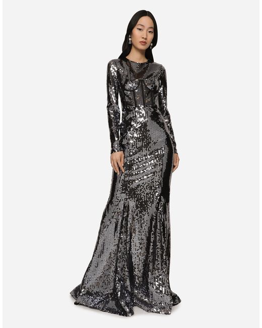 Dolce & Gabbana White Long Sequined Dress With Corset Detailing