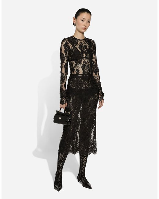 Dolce & Gabbana Black Calf-Length Floral Lace Dress