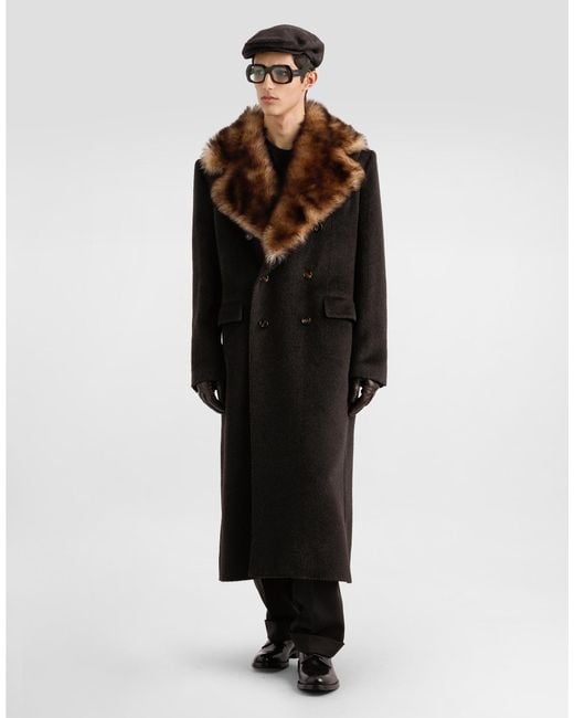 Dolce & Gabbana Black Double-Breasted Coat With Fur Collar for men