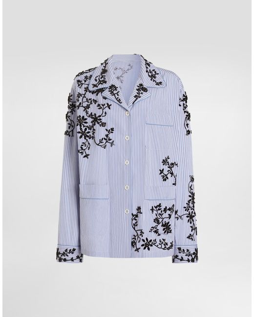 Dolce & Gabbana Blue Cotton Vanity Shirt With Flowers Embroidery