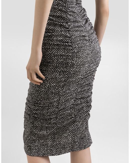 Dolce & Gabbana Gray Habotai Silk Dress With Chevron Print